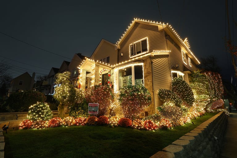Holiday lights and decorations adorn a home in the Dyker Heights section of Brooklyn