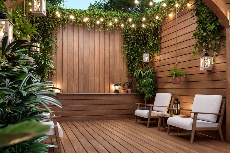 Modern terrace decorated with string lights and greenery for the holidays