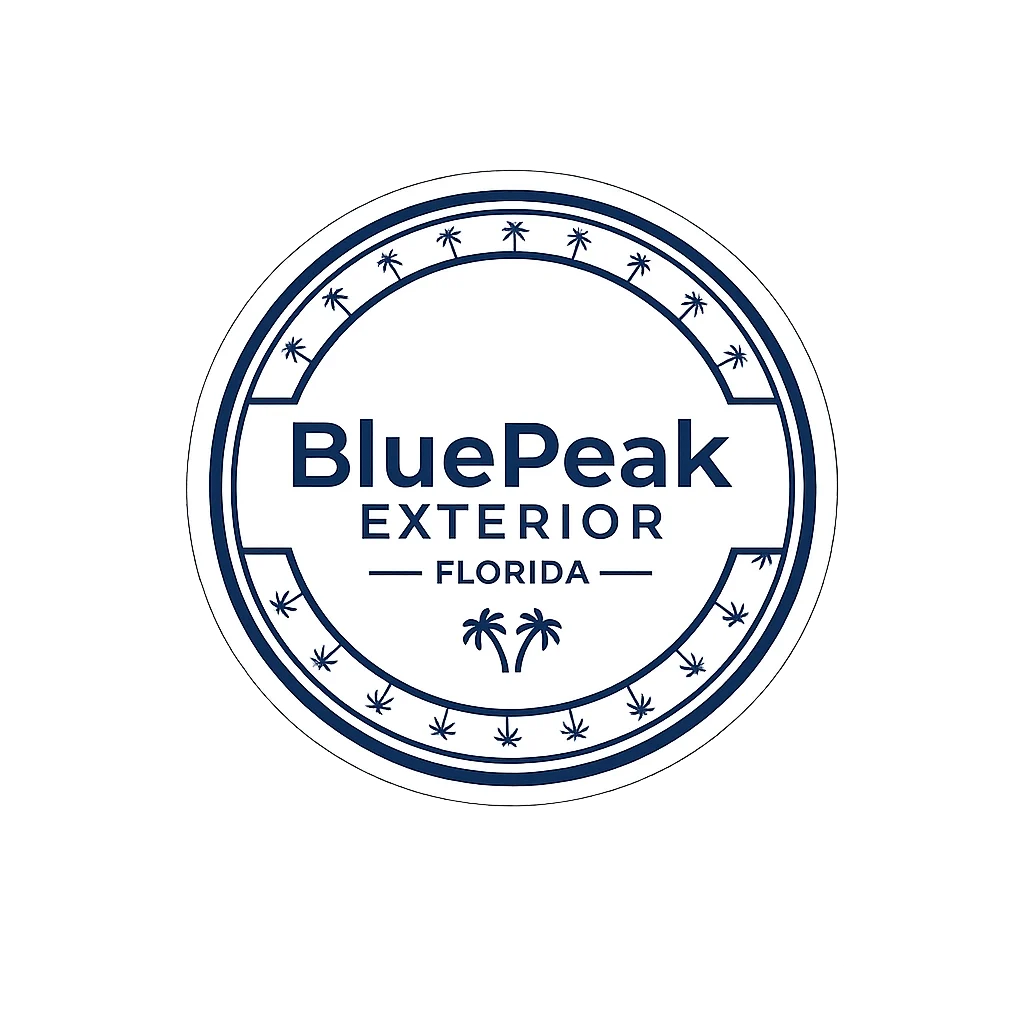 BluePeak Exterior Florida logo with palm tree border in circular design on dark background