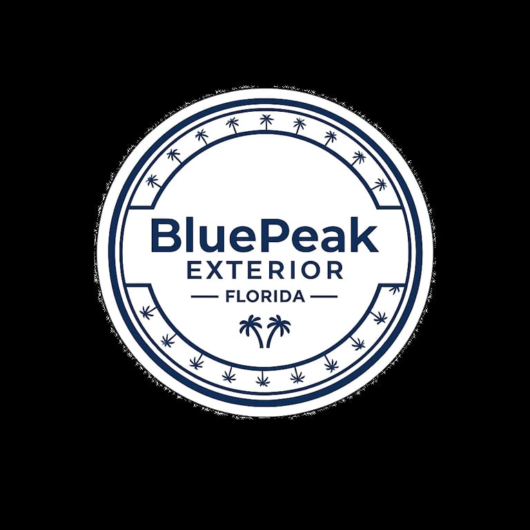 BluePeak Exterior Florida logo with palm tree border in circular design on dark background